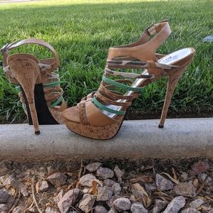 BEBE Strappy Brown&Blue Leather Platform Heels